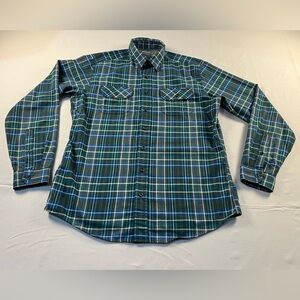 Men’s Eddie Bauer Dark Green, Blue and White Plaid Button Down Flannel Shirt
